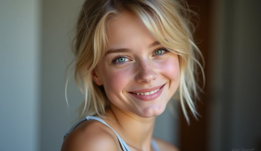1woman, (realist:1), Perfect beautiful face, Whole body, sexy portion,lewd expression,reddened complexion, the glutes stick out, Buttocks facing forward, bluejean, beautiful and fair、piel bright, 3 up, Beautiful, bright, Refreshing and soft appearance., short blond hair,Hermoso flequillo bright, very beautiful 17 year old girl, eyeliner, so perfect and beautiful、big, Clear, sky blue eyes,pechos muy bigs, happy,
