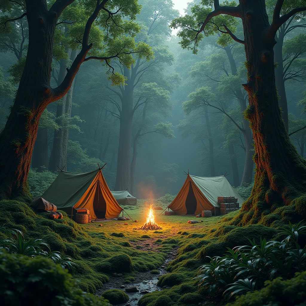 A well-hidden base camp deep within a dense forest, with camouflaged tents, supply caches, and a central fire pit. The camp is surrounded by towering trees and thick underbrush, creating a sense of seclusion and survival. (high resolution, ultra detailed, 8K, cinematic lighting, photorealistic, nature theme)