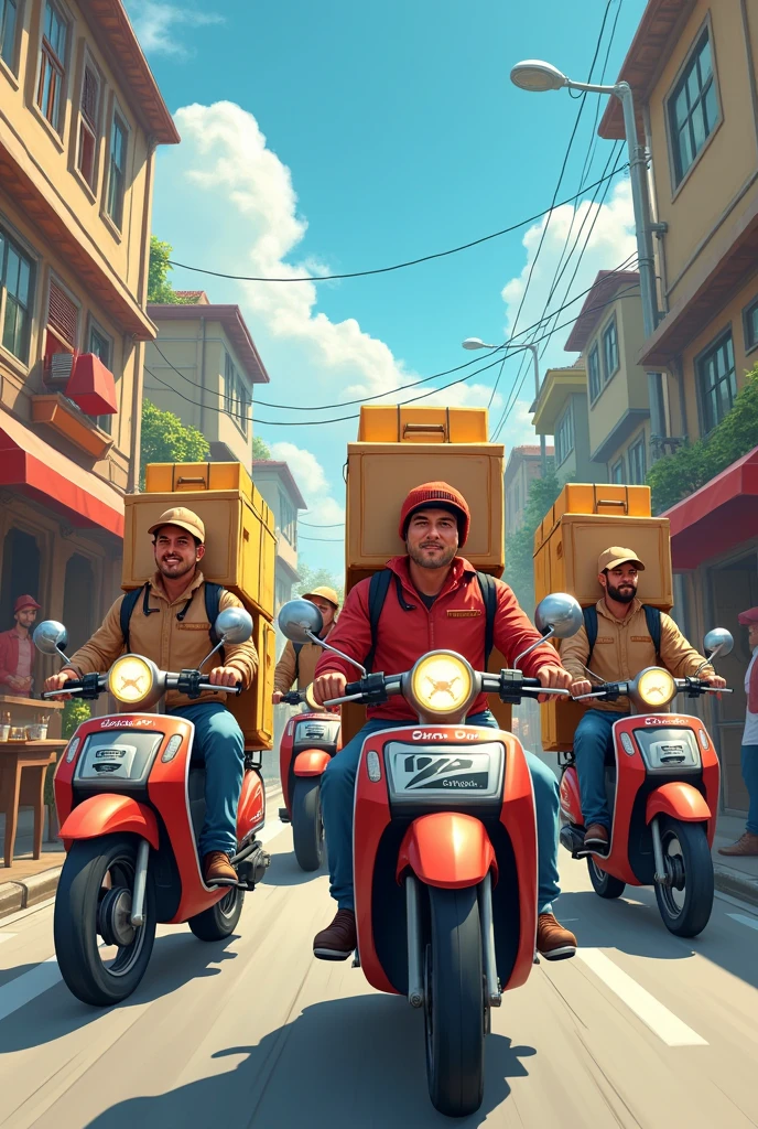 Make a picture of 5 male couriers with lots of packages on their motorbikes, packages are having coffee at a stall and one person is wearing a hat., written with the name of the cimcalabim team