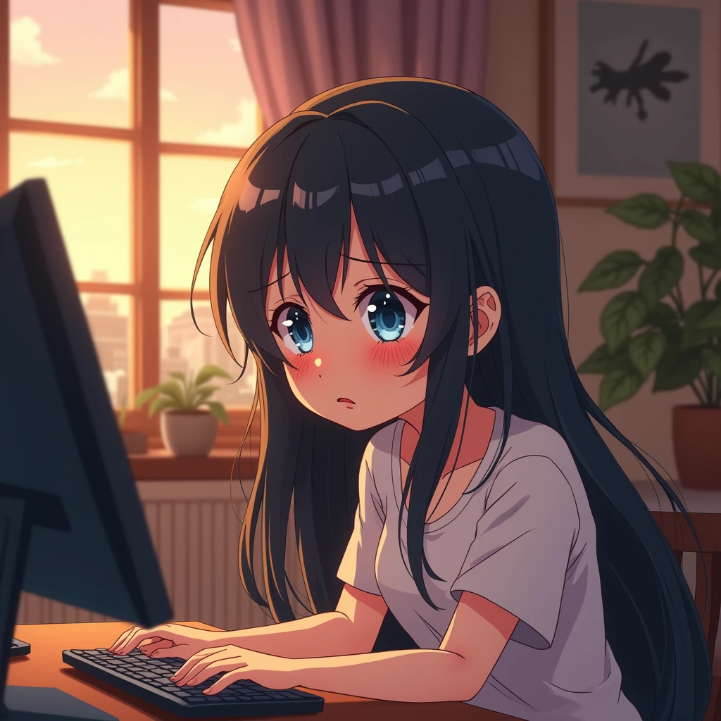 an anime girl with blue eyes and black hair is trying to work on her PC, but it's too hot because of the climate change!
