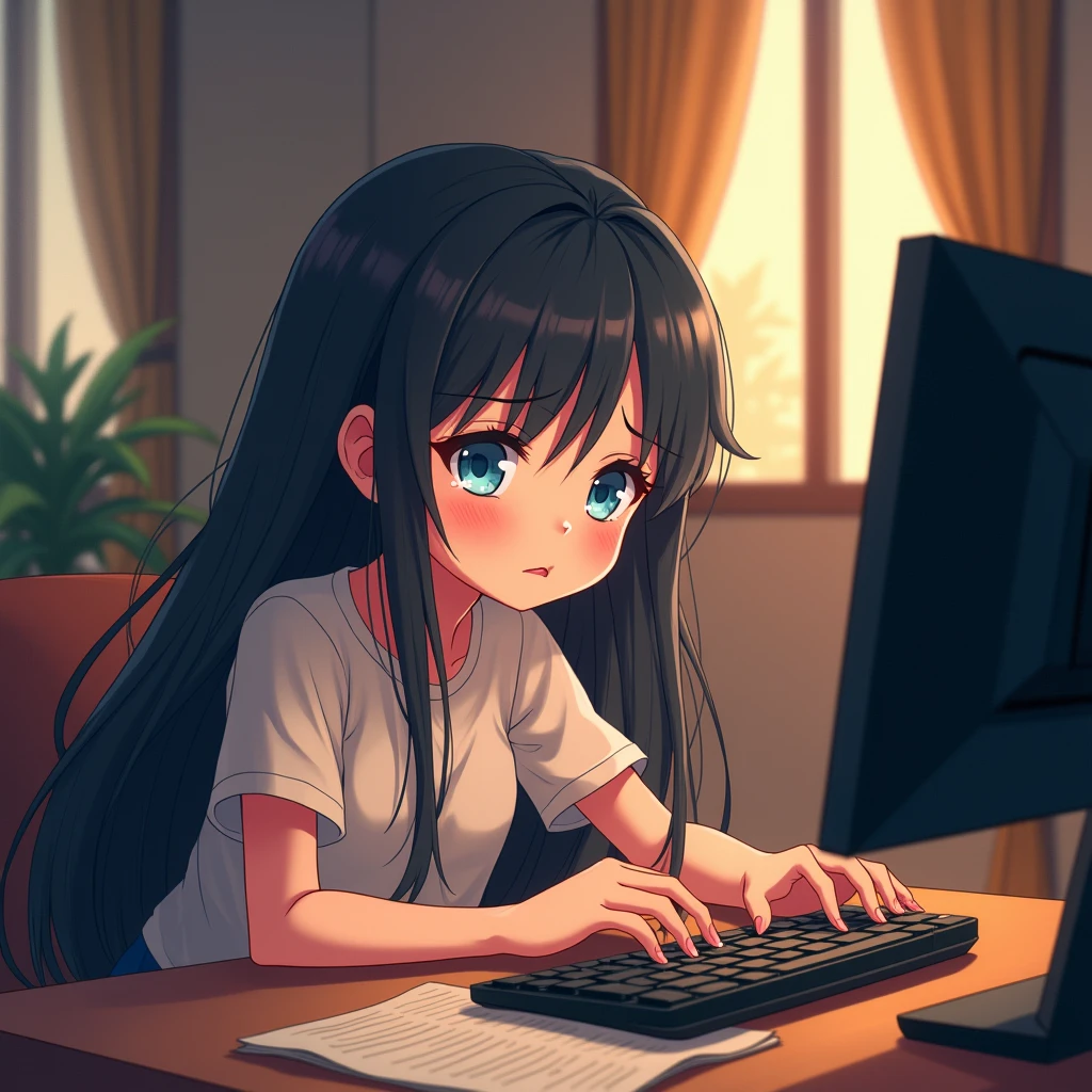 an anime girl with blue eyes and black hair is trying to work on her PC, but it's too hot because of the climate change!