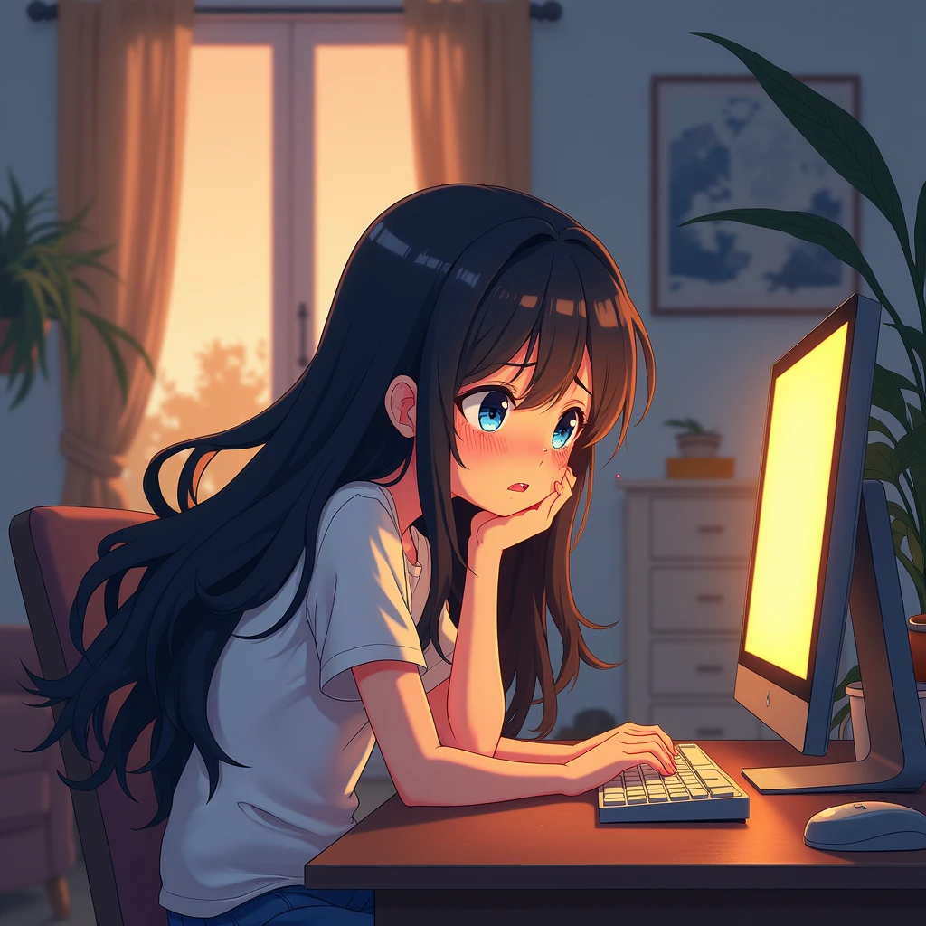 an anime girl with blue eyes and black hair is trying to work on her PC, but it's too hot because of the climate change!