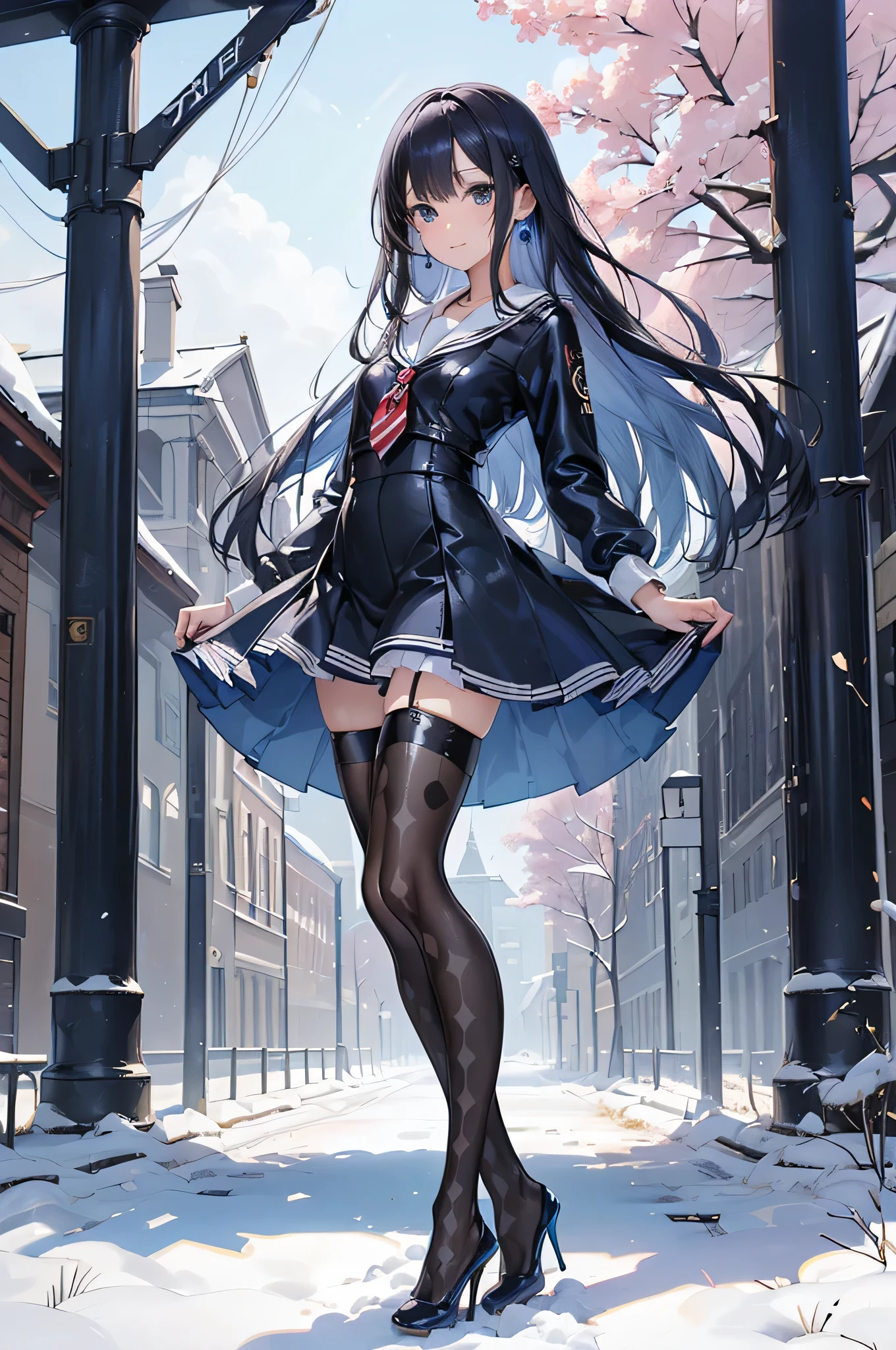 ((Biologically correct limb count)),(( From head to toe,Full-body photo including face)),4K,((Standing position)),masterpiece,((Focus on the face)),((Symmetrical facial features)),Eyes with detailed description,Beautiful woman,Great style,Beautiful arms,Beautiful legs,Beautiful Hands,(Small Ass,Thin thighs),Facial detailing,Small earrings,necklace,(Latex sailor suit,mini skirt((High heels,Patterned stockings))),((Meeting at the school gate)),Silk gloves,(((Blue black hair))),Realistic photo