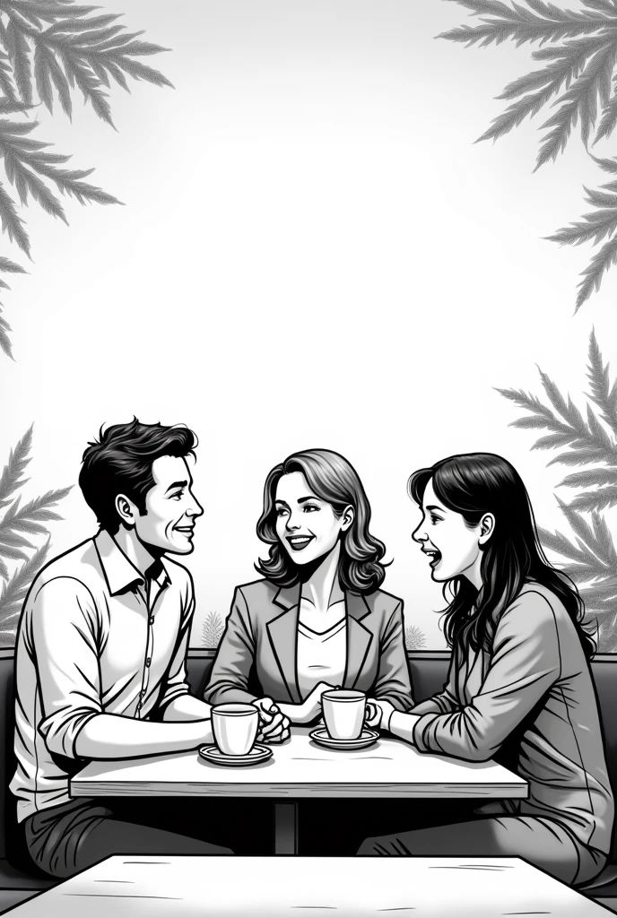3 people talking siting inside a cafe comic black and white