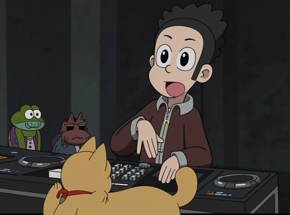 The DJ is playing music. Doraemon, an orange cat, and a green frog are watching.