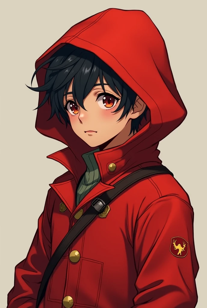 A boy with a red jacket and a red hood, and whose body looks strong but whose face is tender. And whose hair is not so big, a little bigger than a military cut.
