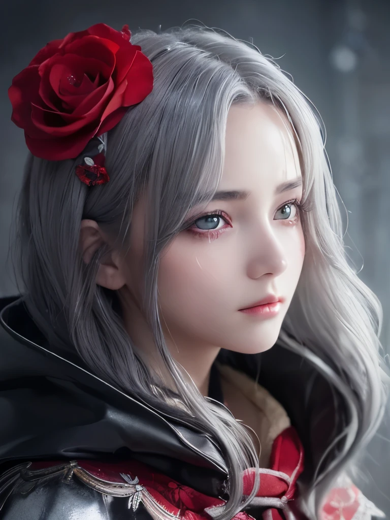 One girl,alone,One girl,alone,((Beautiful attention to detail)), (Detailed light),Depth of written boundary,(Gray Hair),Silver Eyes,Hair on one eye,(Red flower ), Hair Flower,Long Hair,Black Cape,Wet,Emotionless,Recall,night,Starfall,it&#39;s raining,fog,Red flowers falling,sketch,Upper Body,Strong Shadows,
