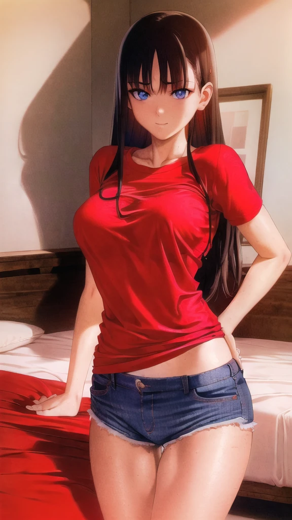 ((mizushima_asa)) (red t-shirt, Blue Eyes, Big Breasts:1.5, sexy short jeans), soft smile, sexy pose, bedroom, masterpiece, best quality, hyperrealism, detailed, epicpose, (lightroom:1.13), soft light, (natural skin texture:1.2), (hyperrealism:1.2),