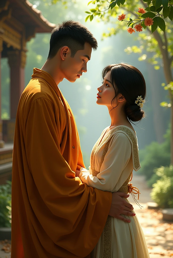 A tall and handsome young monk stands near to a beautiful young woman with short hair in the 1700s. They are khmer