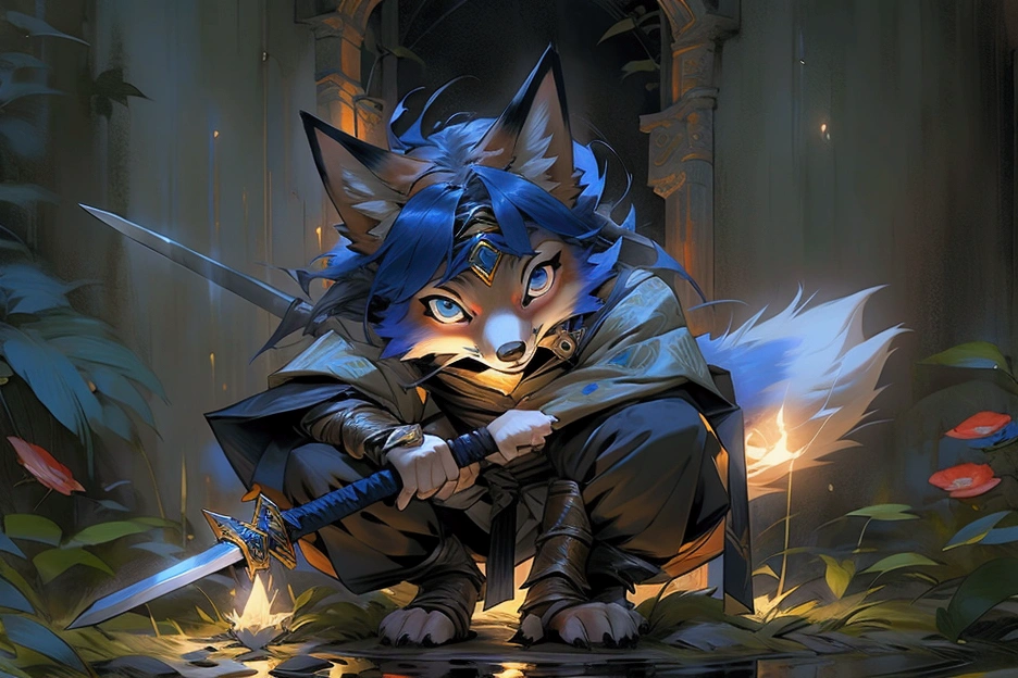 Araffe is dressed in blue and white,Holding a sword, Fox and bush holding a naginata, Furry anime, fur garment, Krystal from Star Fox, Cosplay Photos, Holding a sword, Furry Characters, shirow masamune, The fox holds the torch, Furry Convention, Fox and bush, fur garment!!!!, furaffity, Anime role playing, Professional role playing