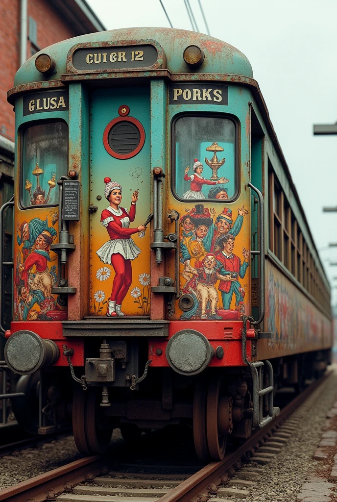 Hi, can you help me create a hyperrealistic photo of a train car with graffiti of some circus performers from the 50's, photorealistic, UHD, 16K, thanks, photo, 3d render, cinematic, conceptual art, painting