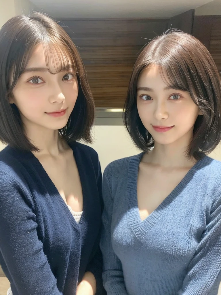 (masterpiece:1.3), (8k, Photoreal, Raw photo, best image quality: 1.4), Japanese high school girl、(random hairstyle:1.2)、cleavage:1.5、super detail face、eye for details、double eyelid、chest to chest、sharp focus:1.2、Beautiful woman:1.4、light brown hair、highest quality、masterpiece、超A high resolution、(Photoreal:1.4)、Highly detailed and professionally lit smiles、loose and light knitwear、shoulder out、thin、serious expression、short haired、deadly position
similar identical twins
All the girls have the exact same face, The two have the same face and figure, as if they were mirror images.