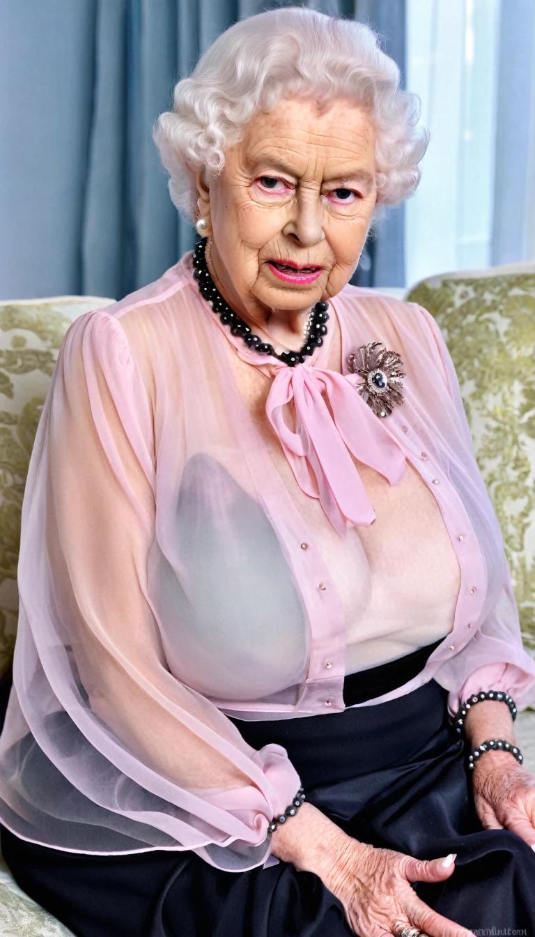 (busty saggy breast), (queen elizabeth 80yo sitting on sofa) (chiffon sheer pink blouse and black skirt:1.3), cleavage, pearls