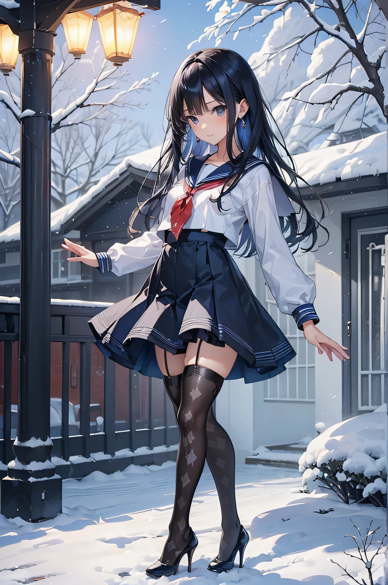 ((Biologically correct limb count)),(( From head to toe,Full-body photo including face)),4K,((Standing position)),masterpiece,((Focus on the face)),((Symmetrical facial features)),Eyes with detailed description,Beautiful woman,Great style,Beautiful arms,Beautiful legs,Beautiful Hands,(Small Ass,Thin thighs),Facial detailing,Small earrings,necklace,(Sailor suit,mini skirt((High heels,Patterned stockings))),((Meeting at the school gate)),Silk gloves,(((Blue black hair))),Realistic photo
