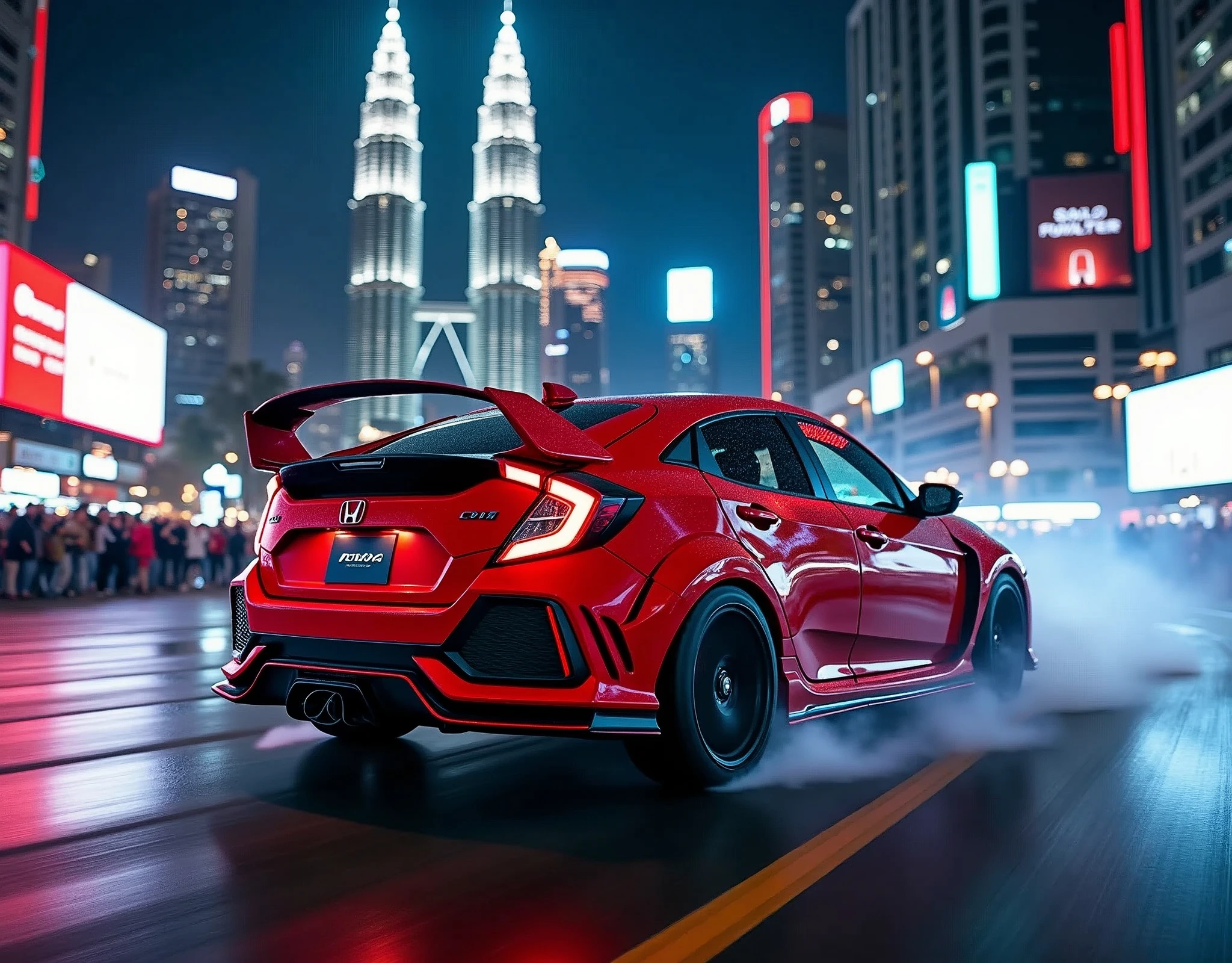 a photo of a Honda Civic FK8R Type R drifting on a road through Kuala Lumpur city centre, in front of KLCC, with crowd watching from pavement, night time, busy city, neon lights, detail and realistic photo, bokeh effect