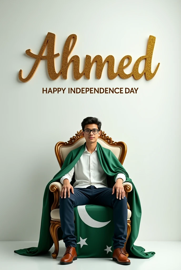 Create realistic illusion image A 20 years old boy is sitting on a king chair with Pakistan flag and behind him the color of the wall is white on which “Ahmed” is written in golden. and also written Happy Independence Day” in clear letter written on small size on bottom