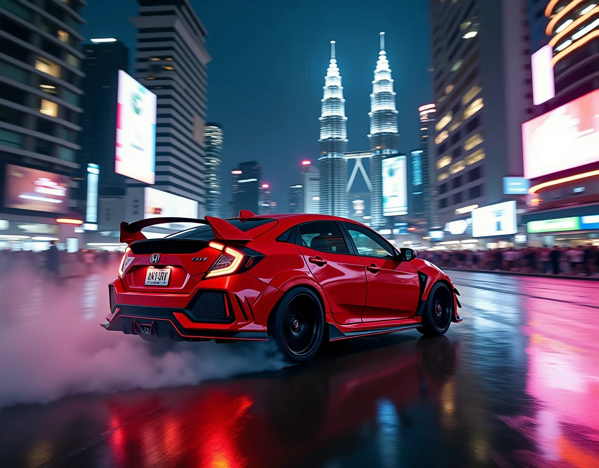 a photo of a Honda Civic FK8R Type R drifting on a road through Kuala Lumpur city centre, in front of KLCC, with crowd watching from pavement, night time, busy city, neon lights, detail and realistic photo, bokeh effect