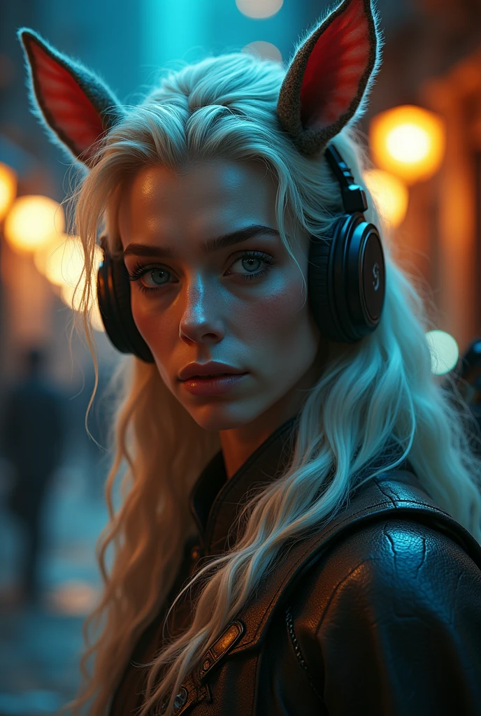 masterpiece, highest quality, beautifully, 1man as a centaur elf, extremely detailed face and eyes, detailed full body, detailed hair, detailed legendary archer outfit, headphones, (low angle camera), night, colorful, cinematic lighting, photorealistic, 8k, hyper detailed, intricate details, (best quality), (realistic), (masterpiece)