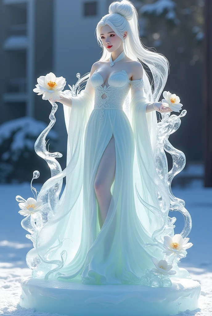 (ice - carving:1.4),Movie Angle,(Fan Bingbing, ice sculpture girl,Anatomically correct,full bodyesbian,Masterpiece ice sculpture camellia,Representative work Hanfu,Smile,sexy,full body arts,traditional arts)