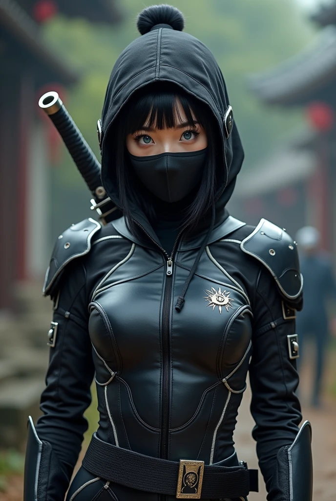 superhero, modern super hero costume, Color scheme: Black Stealth Tactical White Contrast Strategic Accent Costume Details: Inserts Stripes Elegant Dynamic Logo Symbol Unique Mask and Accessories: Black Mask Kant Straps Holders Buckles Fasteners Armor and Functionality: Pads Elbows Knees Decorative Protective Armor Plates Accents, suit for girl, ninja, with a Chinese sword, beautiful chinese woman with blue eyes, Chinese woman with bangs, courageous character, Kind, Brave, determination, on the battlefield, atmospheric perspective, Motion blur, 8k, super detailing, Best quality, uhd, high detail