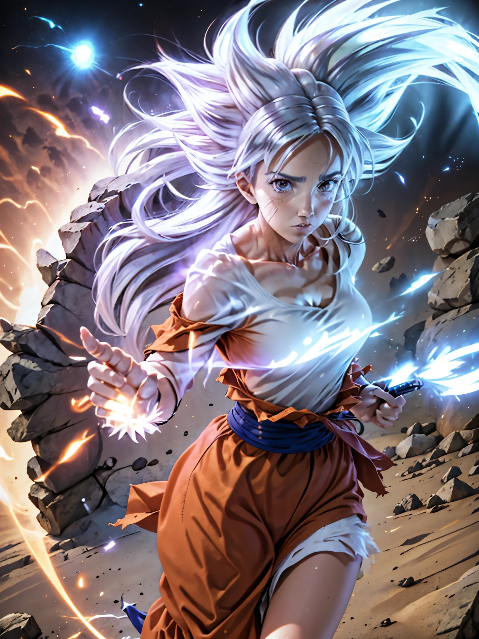 8k, Best Quality, Victoria Villarruel dressed as Goku, 1 girl, ultra_instinct, white_hair, glowing aura, bright white long hair, floating hair raised, bright silver eyes, slim with wide hips, serious mocking expression. outdoor, clearing, plain, desert.