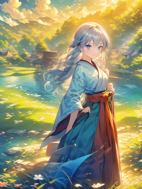 ((Highest quality)), ((masterpiece))、Small breasts are justice、background（Magnificent View）、View from afar、Multiple people、Two women、Two shrine maidens、Dance、prayer、Uplifting、Guidance、(Blue and silver long hair、Blue-green eyes)、(Scarlet long hair、Orange eyes)、Miko costume、Hakama、morning haze、shrine、anime