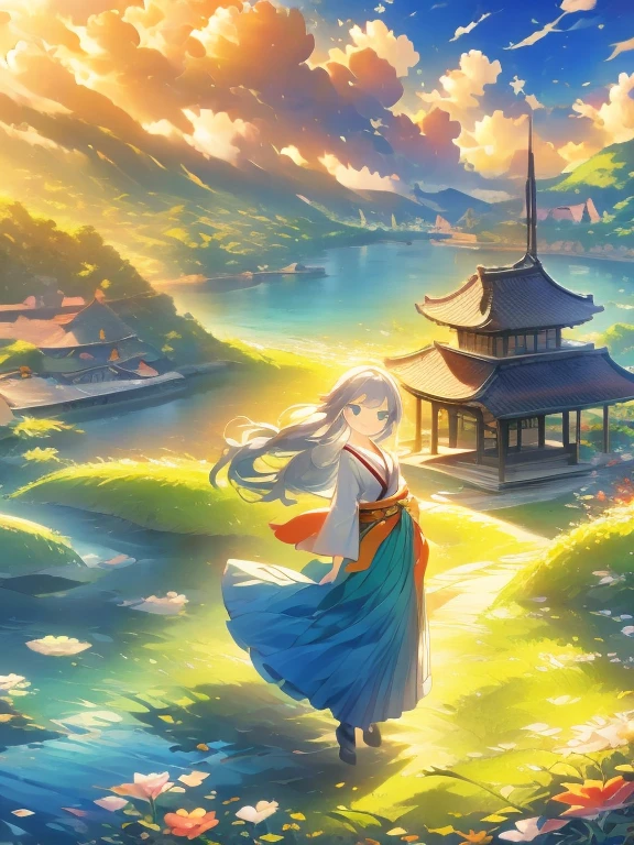((Highest quality)), ((masterpiece))、Small breasts are justice、background（Magnificent View）、View from afar、Multiple people、Two women、Two shrine maidens、Dance、prayer、Uplifting、Guidance、(Blue and silver long hair、Blue-green eyes)、(Scarlet long hair、Orange eyes)、Miko costume、Hakama、morning haze、shrine、anime