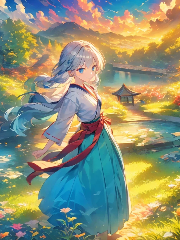 ((Highest quality)), ((masterpiece))、Small breasts are justice、background（Magnificent View）、View from afar、Multiple people、Two women、Two shrine maidens、Dance、prayer、Uplifting、Guidance、(Blue and silver long hair、Blue-green eyes)、(Scarlet long hair、Orange eyes)、Miko costume、Hakama、morning haze、shrine、anime