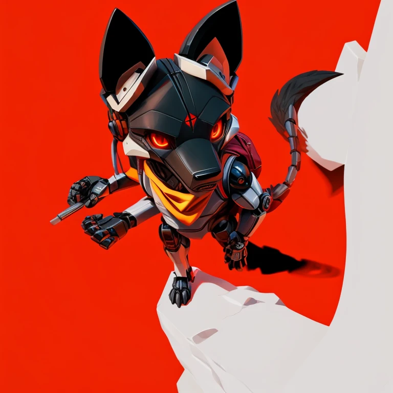 Black Robot Male muscular anthro wolf, standing, left feet standing higher on a white stone, left hand holding a picaxe, right hand holding a white rock on the white wall to climb, sharp predatory glowing orange eyes sith red pupil in the middle and black sharp line in the middle of red pupil, eyes looking at the viewer, wearing white scarf on the neck, wearing big eyeglasses on his head, black wolf ears behind eyeglasses, wearing backpack, black wolf tail under backpack and behind body, detailed perfect 4k art, high quality 4k art, detailed black wolf robot face, perfect light, perfect shadow,  detailed perfect wolf robot tail with perfect light and shadow, red background