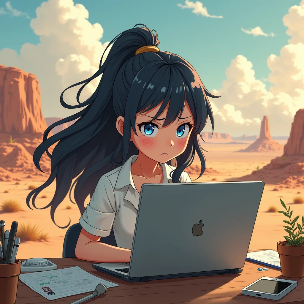 an anime girl with blue eyes and black hair is trying to work on her PC, but it's too hot because of the climate change! The girl is somewhere on a deserted landscape!
