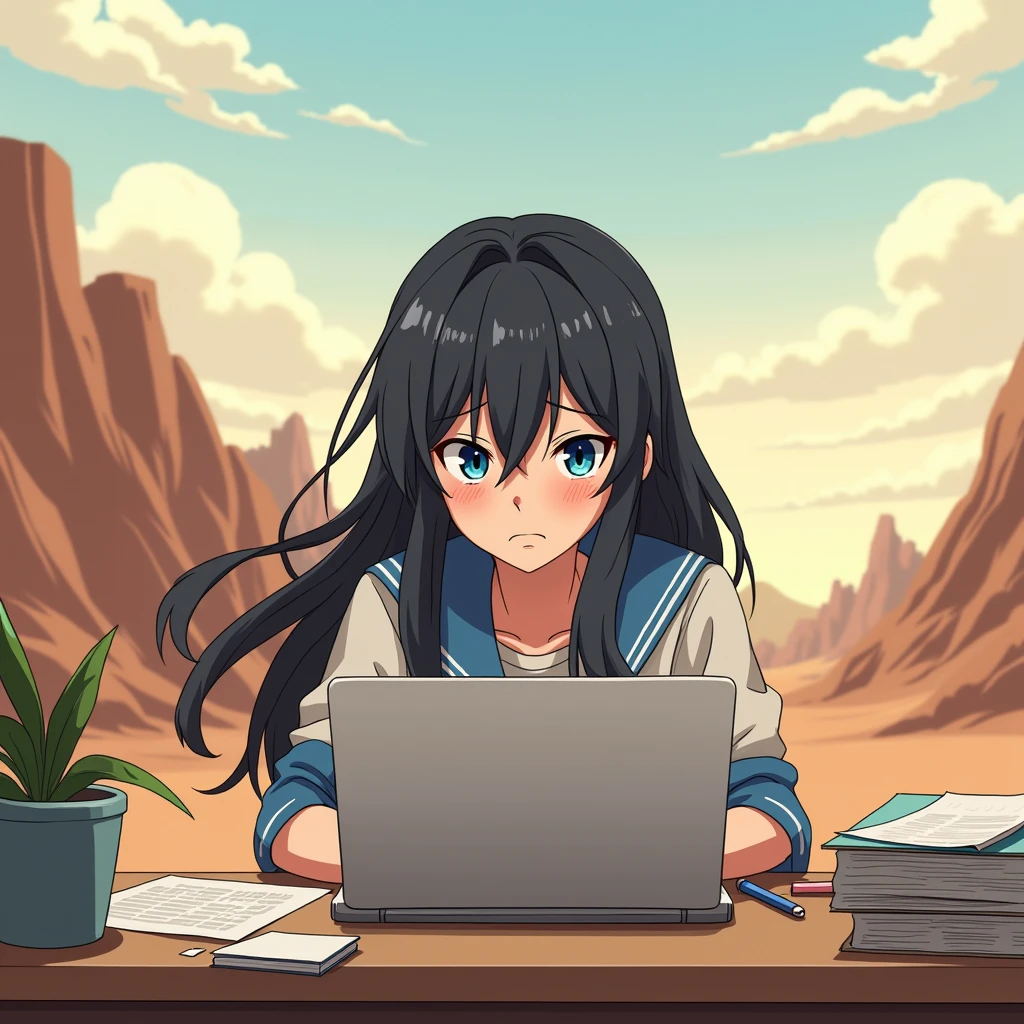 an anime girl with blue eyes and black hair is trying to work on her PC, but it's too hot because of the climate change! The girl is somewhere on a deserted landscape!
