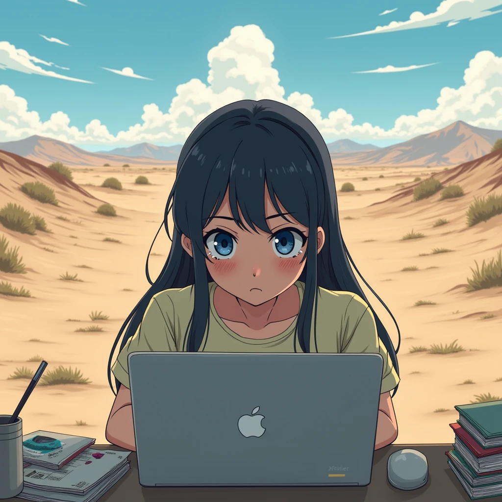 an anime girl with blue eyes and black hair is trying to work on her PC, but it's too hot because of the climate change! The girl is somewhere on a deserted landscape!