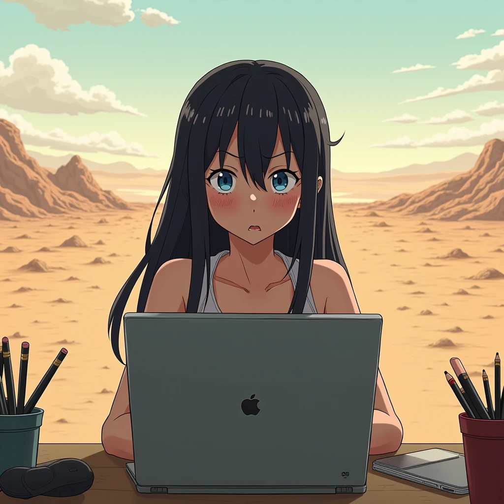 an anime girl with blue eyes and black hair is trying to work on her PC, but it's too hot because of the climate change! The girl is somewhere on a deserted landscape!