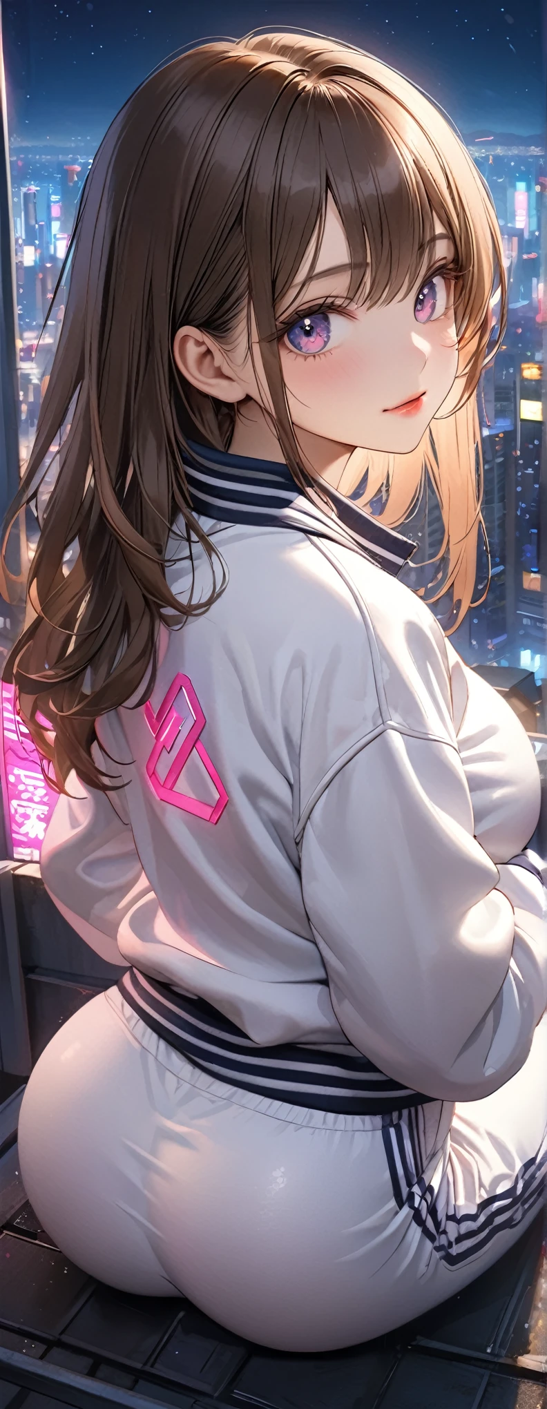 Straight Hair、Brown Hair,Medium Hair,((White Track Jacket＆White sweatpants)), Looks about 17 years old, (beautiful girl: 1.3),1girl,Highest quality,8k,Highly detailed CG unit wallpaper,masterpiece:1.2,Highest quality,Ultra-high resolution,RAW Photos,Realistic textured skin,Cinema Lighting,great Joy,Big eyes,Detailed eyes,Glossy lipstick,Perfect Makeup,Ultra-high definition beauty face,Huge building,Metropolis,voluptuous,(((Big, round and beautifully shaped butt))),(Sitting on the rooftop of a skyscraper in Cyber City),(Panoramic View),night,Detailed neon lights,sequin,((Butt pose)),from behind,Gazing-into-the-Distance,(White Track Jacketが引き裂かれる:1.5),skin tightncient runes,(She has her back to us and is looking out at the city.:1.3),