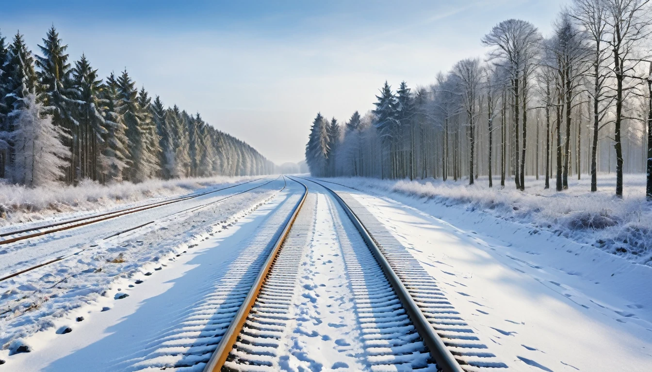 Tram tracks in the countryside, winter, forest visible in the distance, high detail, high resolution, high quality