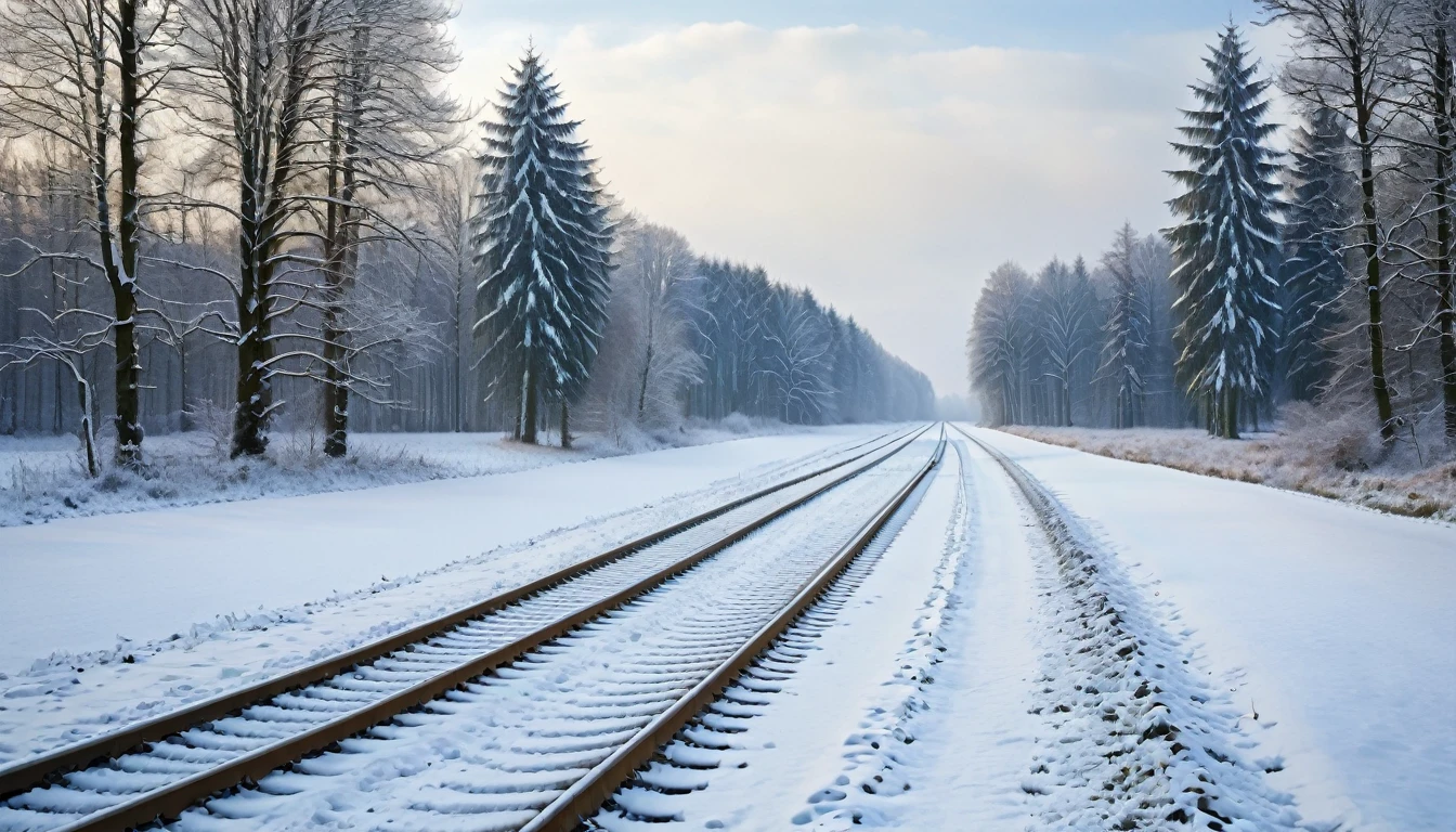 Tram tracks in the countryside, winter, forest visible in the distance, high detail, high resolution, high quality