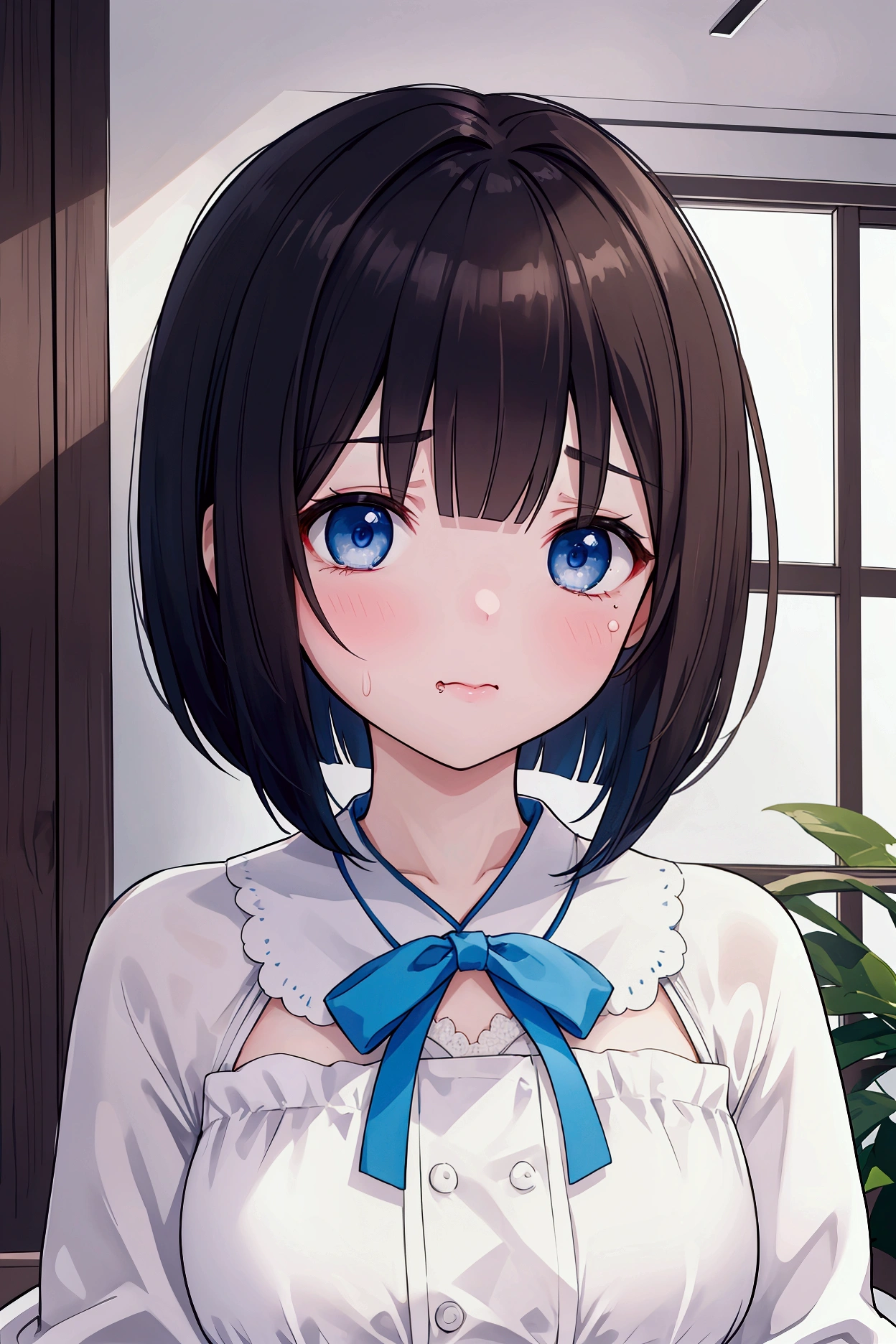 Photorealistic、Highest quality、Highest Resolution、Highest quality、16Ｋ、coldをひいた1人の美しい女性、Cute face、Delicate face、A painful face、tough、cold、Hollow Eyes、Bob cut hair、Dark Hair Color、Pale blue eyes、Beautiful breasts、Inside the house、pajamas、