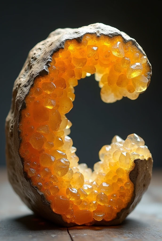 Realistic citrine geode cut into the shape of a capital letter C, with shiny crystals,faceted like a druse,                                                                                                                                                                                                                                                                                                                                                                                                