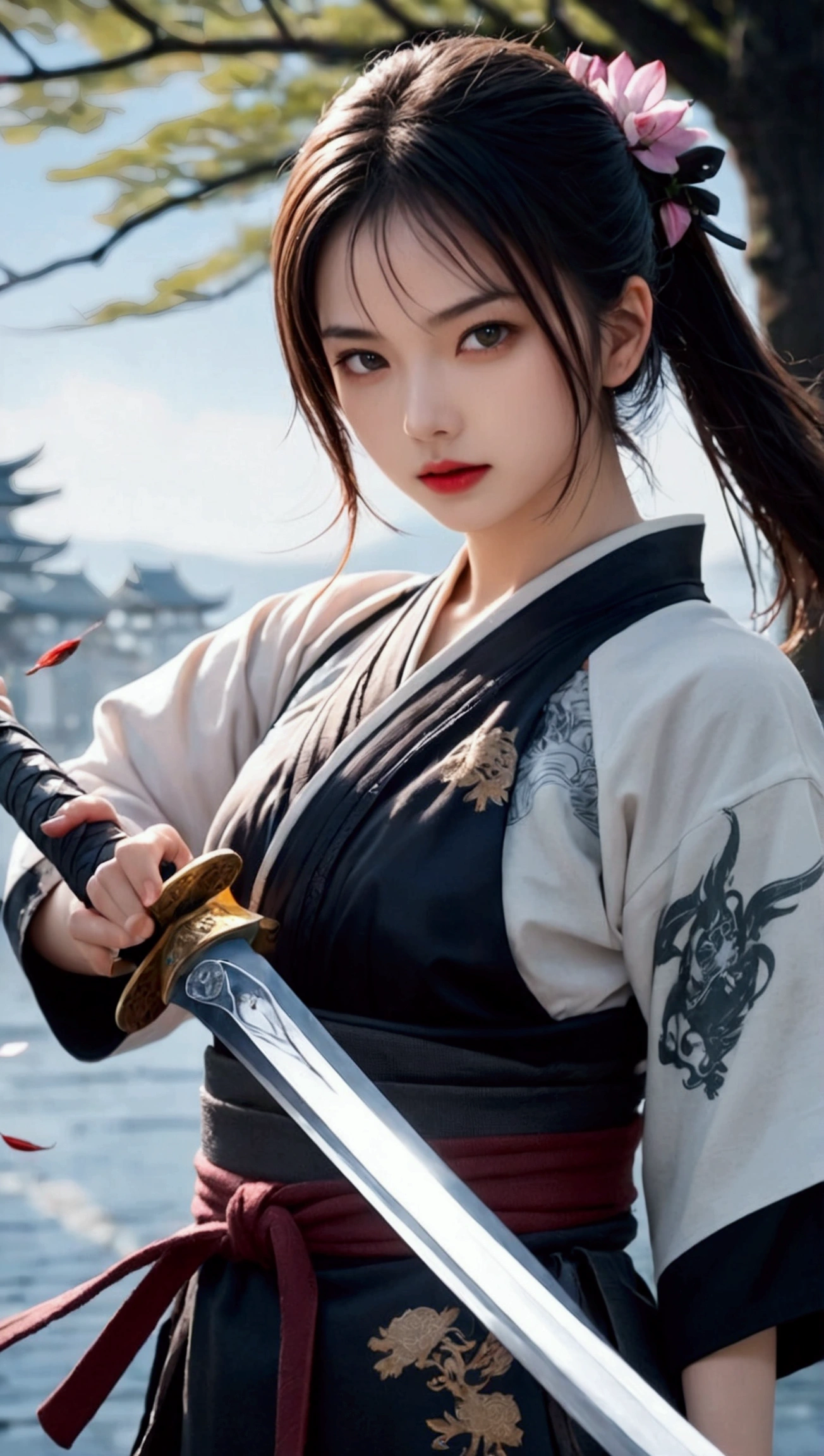 (Japanese sword &reference;Muramasa 2&reference;.2)Beautiful 27 year old woman、Japanese women、Tie your hair back、Hair ornament artist、Shinobi Costume、Warrior、Clear Eyes、{Arm tattoo(SakuraFubuki}'Back Tattoo、Warrior、(Japanese swordを両手で構える、1.3)(Japanese sword1.2)Intermediate position、In front of the body、(Sword held horizontally 1.3)、whole body、Long Blade Sword、Realistic battle scenes、敵Warriorの返りBlood、Blood、High resolution、Highest quality、Very detailed、8k、background、The castle is burning、Sparks fly、