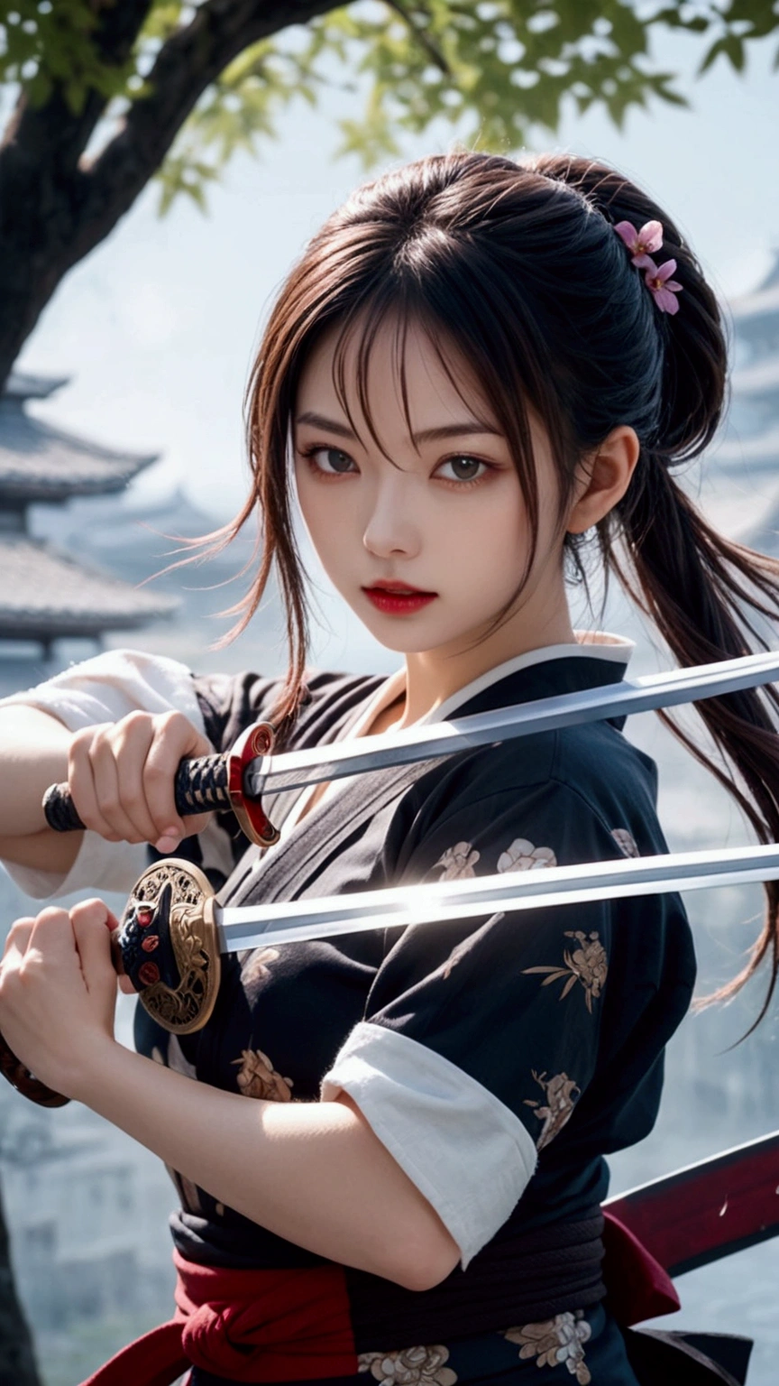 (Japanese sword &reference;Muramasa 2&reference;.2)Beautiful 27 year old woman、Japanese women、Tie your hair back、Hair ornament artist、Shinobi Costume、Warrior、Clear Eyes、{Arm tattoo(SakuraFubuki}&#39;Back Tattoo、Warrior、(Japanese swordを両手で構える、1.3)(Japanese sword1.2)Intermediate position、In front of the body、(Sword held horizontally 1.3)、whole body、Long Blade Sword、Realistic battle scenes、敵Warriorの返りBlood、Blood、High resolution、Highest quality、Very detailed、8k、background、The castle is burning、Sparks fly、