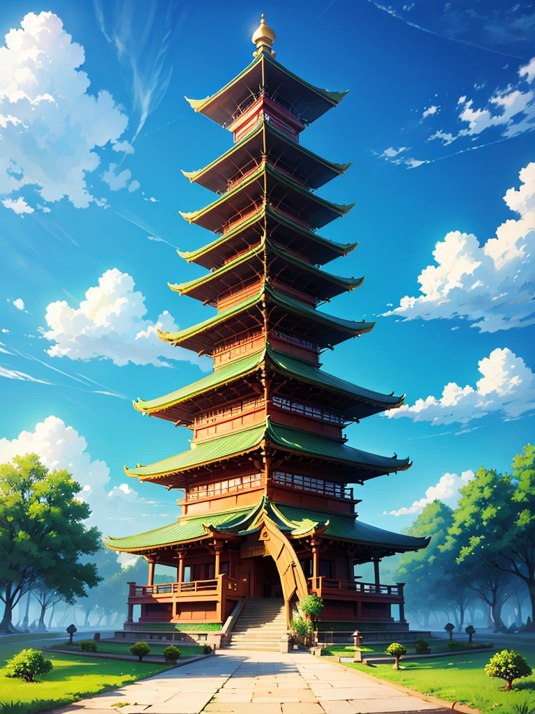 a small short mini chinise pagoda with green nature backround, no people. clear blue sky with clouds.
