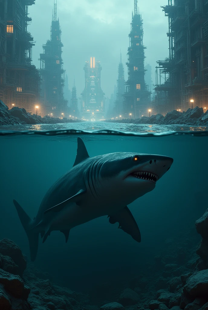 In a wide frame scary looking shark underwater with a
advanced city in the back like a ruined city with alot of lights