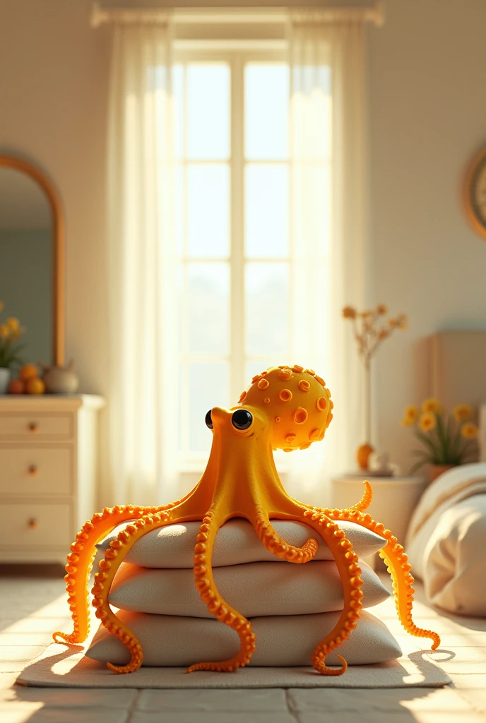 Un Céphalopode Jaune á anneaux Orange assis sur une pile de linge dans une chambre lumineux qui regarde par la fenêtre. Subtilité, Chaotique, Remarquable. Commode clair, mirroir verticale, soin et beauté, horloge raffiné. Dynamic views full large views . . Texture Crèmeux mat .