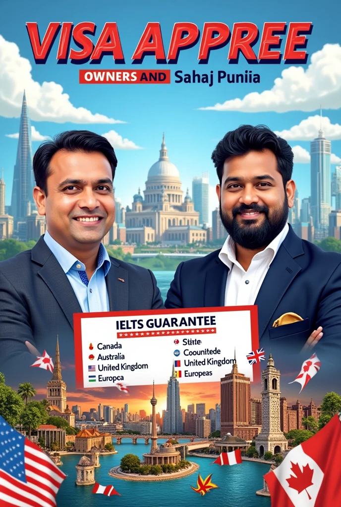 Make ielts Institute Poster, who are promising that they are give a visa of foreign Country guaranteed, they can give a visa of Canada, America, Australia, UK, and some european countries And the The owner named as Romy and Sahaj Punia