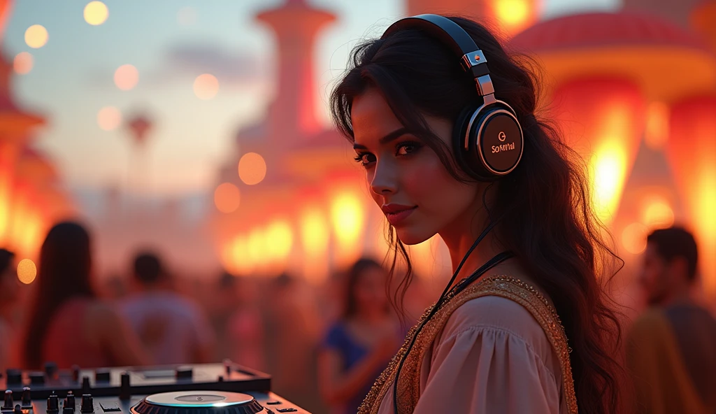 beautiful mature persian college girl, in bollywood outfit, wearing a headphone on her head. she is the DJ at a festival outdoors. DJ console ((slim, petite)), photorealistic, photo, masterpiece, realistic, realism, photorealism, high contrast, photorealistic digital art trending on Artstation 8k HD high definition detailed realistic, detailed, skin texture, hyper detailed, realistic skin texture, armature, best quality, ultra high res, (photorealistic:1.4),, high resolution, detailed, raw photo, sharp re, by lee jeffries nikon d850 film stock photograph 4 kodak portra 400 camera f1.6 lens rich colors hyper realistic lifelike texture dramatic lighting unrealengine trending on artstation cinestill 800,