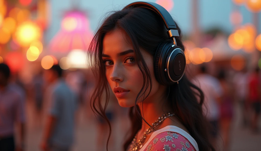 beautiful mature persian college girl, in bollywood outfit, wearing a headphone on her head. she is the DJ at a festival outdoors. DJ console ((slim, petite)), photorealistic, photo, masterpiece, realistic, realism, photorealism, high contrast, photorealistic digital art trending on Artstation 8k HD high definition detailed realistic, detailed, skin texture, hyper detailed, realistic skin texture, armature, best quality, ultra high res, (photorealistic:1.4),, high resolution, detailed, raw photo, sharp re, by lee jeffries nikon d850 film stock photograph 4 kodak portra 400 camera f1.6 lens rich colors hyper realistic lifelike texture dramatic lighting unrealengine trending on artstation cinestill 800,