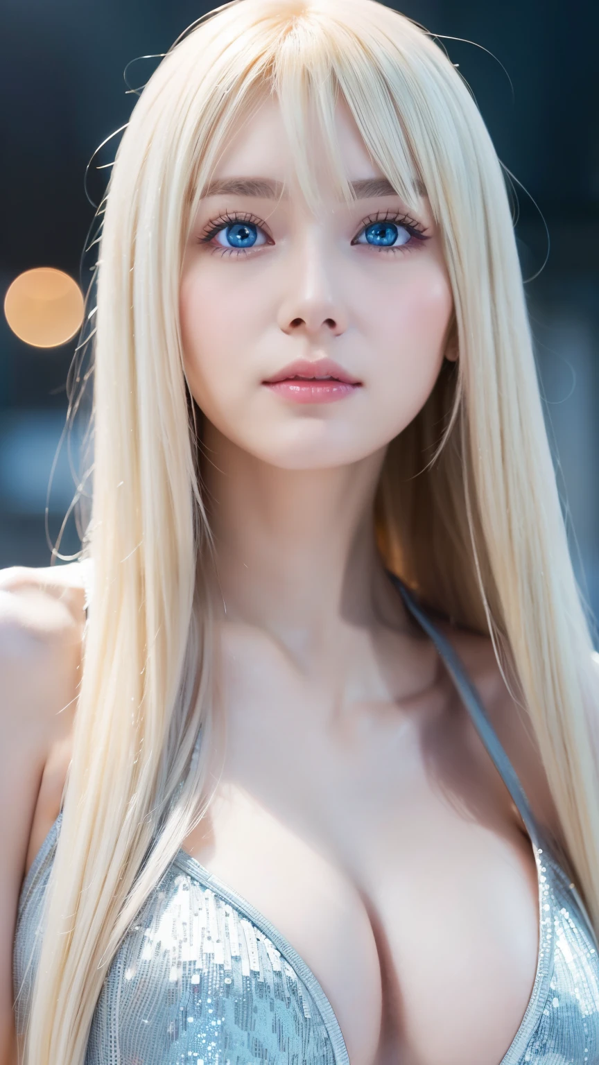 Very beautiful super long straight platinum blonde hair、Beautiful bangs between the eyes、The pieces fly, Highest quality, figure, Extremely detailed, High resolution, 8k wallpaper, Perfect dynamic composition, So beautiful、Large bright light blue eyes with shining detail、Very big eyes, Fitness Wear, Natural color lip,There is cleavage in the chest、Cheek gloss highlighter、White skin、Small Face Beauty、Beautiful girl at 22 years old、Round face