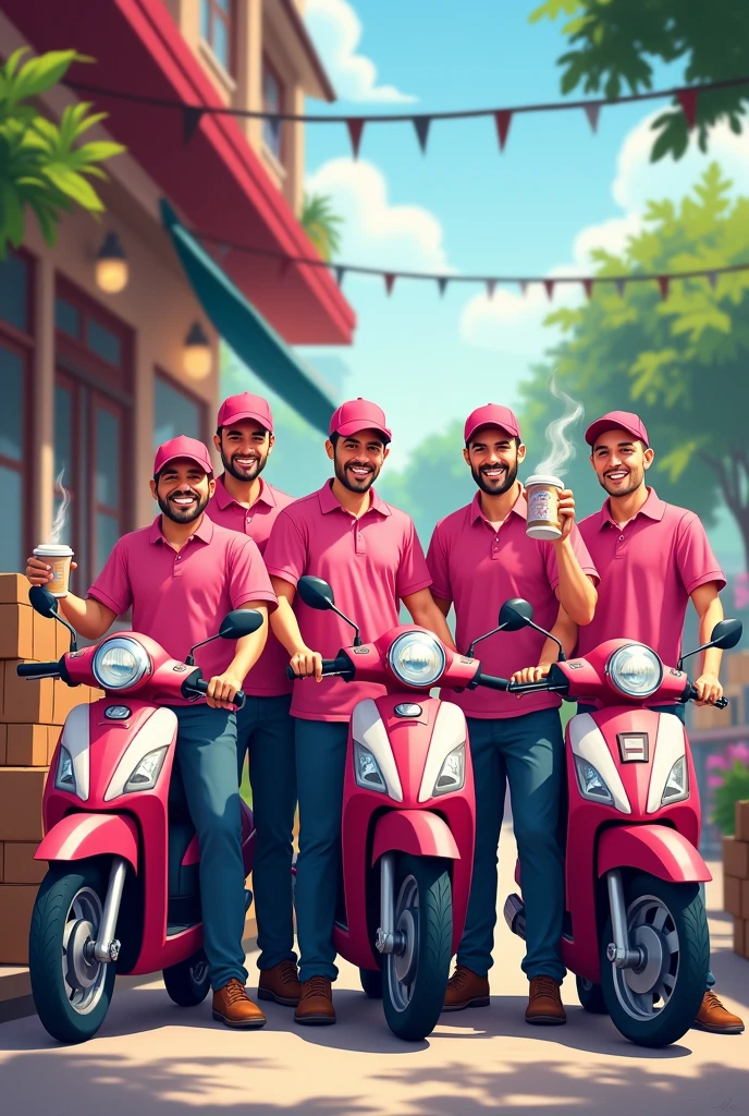 Make a picture of 5 male couriers in pink shirts with lots of packages on their motorbikes drinking coffee at a cafe., written with the name of the cimcalabim team