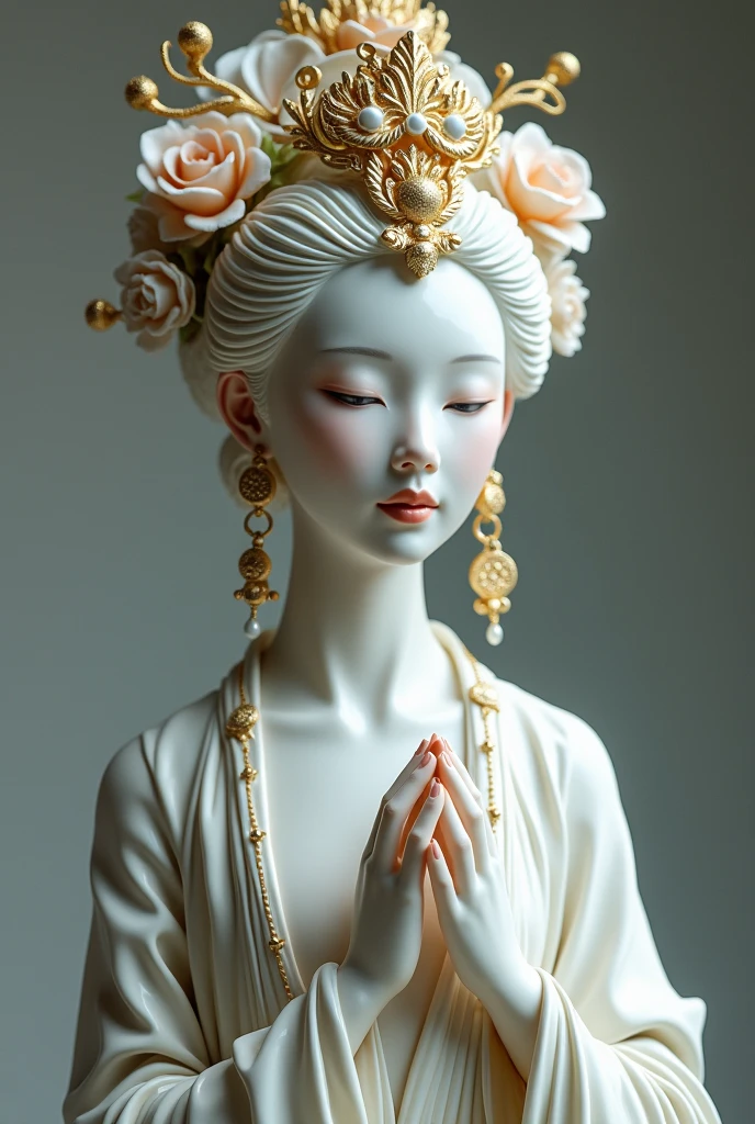 A stunning hyper-realistic sculpture of a Chinese water goddess, masterfully crafted from porcelain. The sculpture showcases intricate details and exquisite ornamentation. The goddess is adorned with gold applications, accentuating her beauty. The overall composition of the piece is a harmonious blend of portrait photography, fashion, and conceptual art, creating a mesmerizing and captivating visual experience., 3d render, portrait photography, photo, fashion, conceptual art
