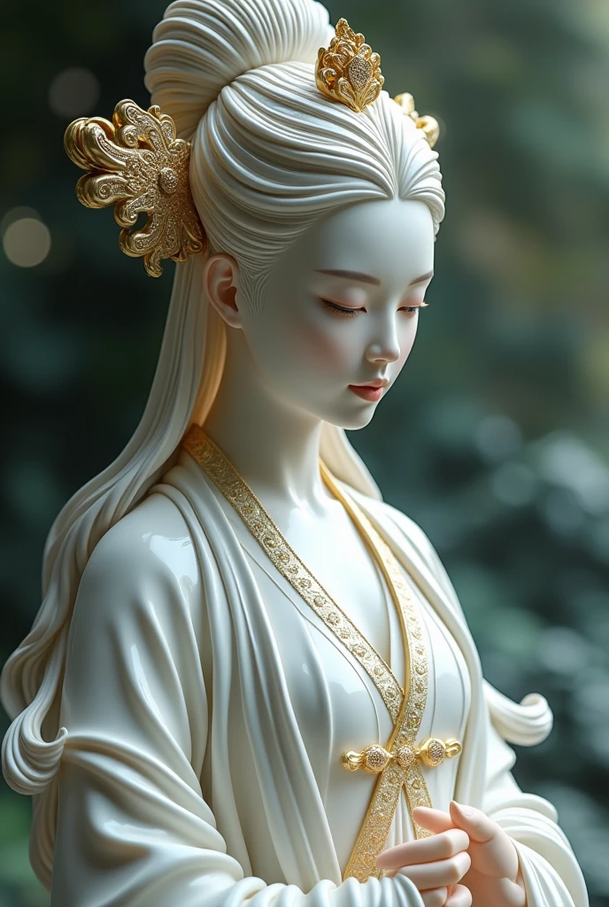 A stunning hyper-realistic sculpture of a Chinese water goddess, masterfully crafted from porcelain. The sculpture showcases intricate details and exquisite ornamentation. The goddess is adorned with gold applications, accentuating her beauty. The overall composition of the piece is a harmonious blend of portrait photography, fashion, and conceptual art, creating a mesmerizing and captivating visual experience., 3d render, portrait photography, photo, fashion, conceptual art